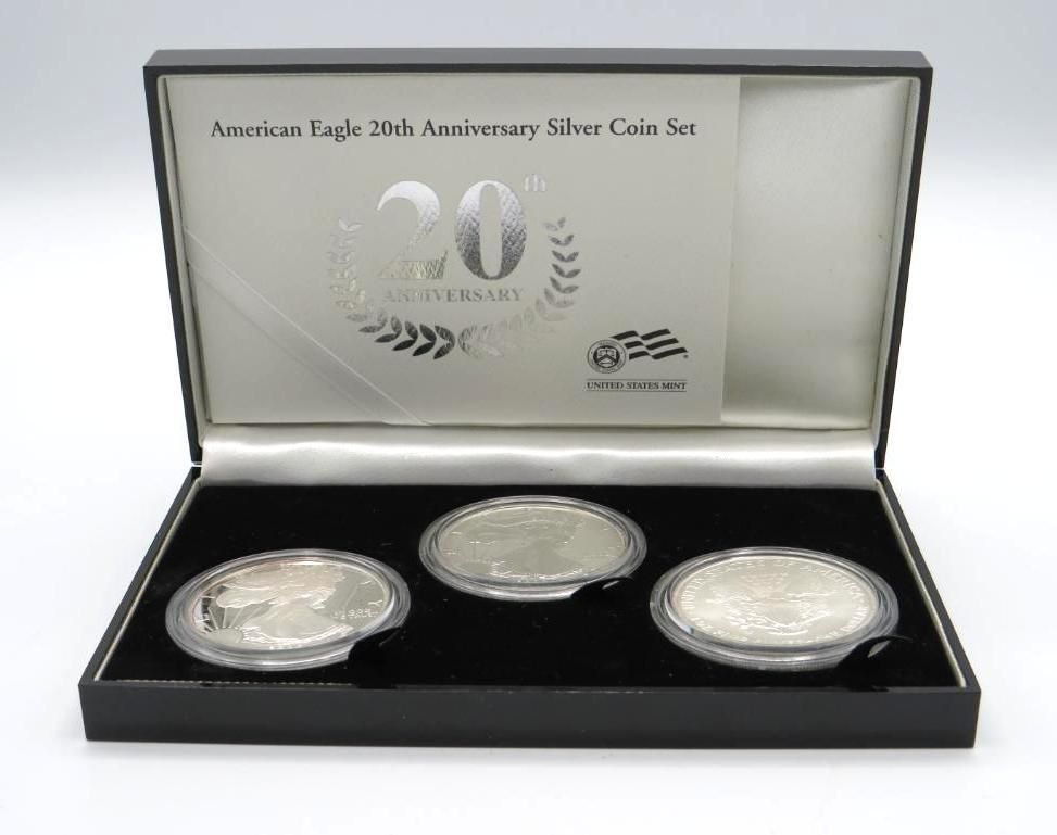 American Eagle 20th Anniversary silver coin set in black display box.