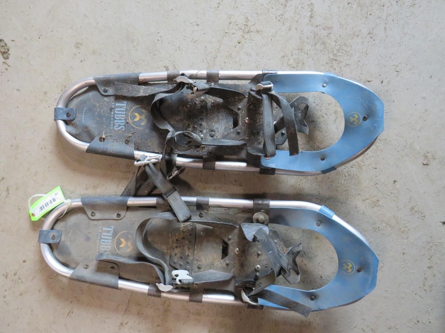 Pair of blue snowshoes on a gray surface.