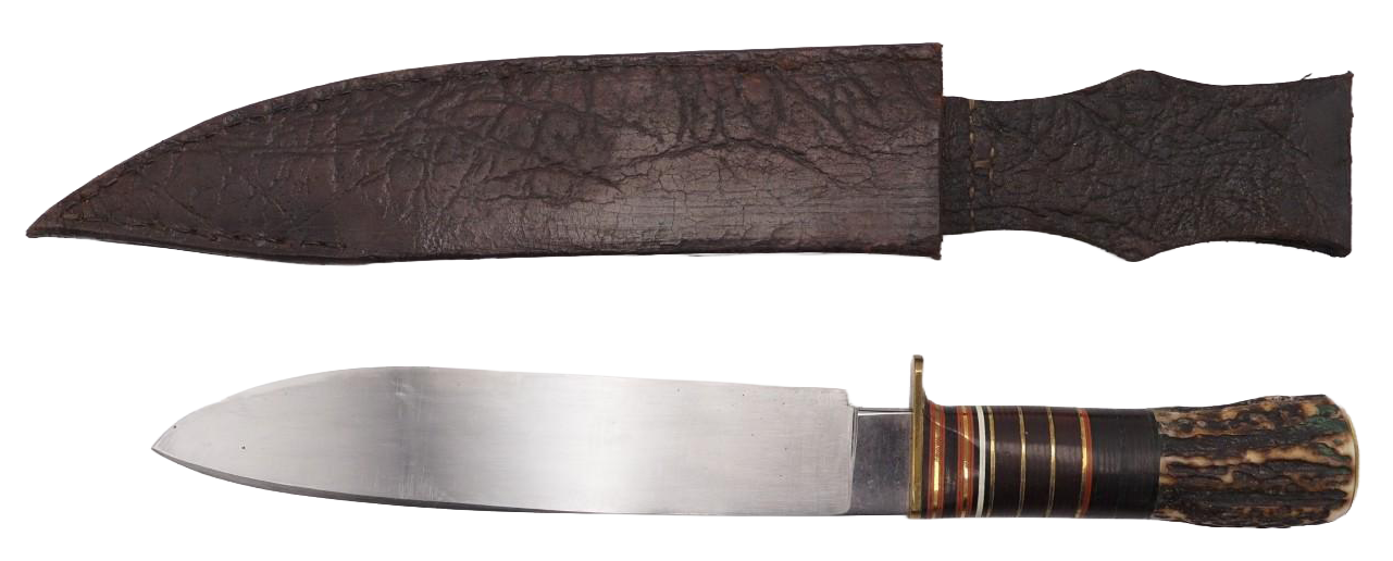 A hunting knife with a leather sheath. The knife has a silver blade, brown handle, and is next to the matching sheath.