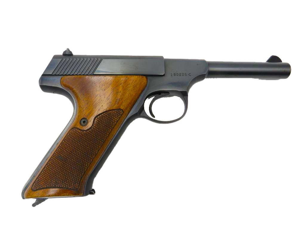 Pistol with wooden grip and black metal frame, barrel pointed right.