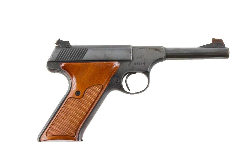 Black and brown handgun with wood grip, right profile, white background.