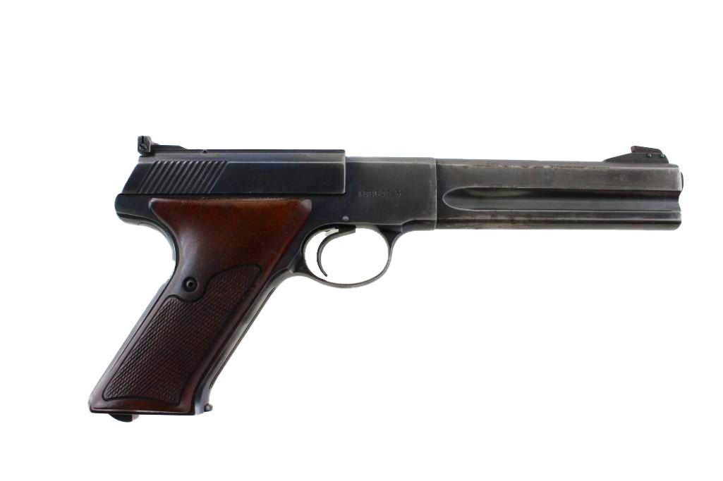 Pistol with a dark metal slide, wooden grip, and a long barrel, against a white background.