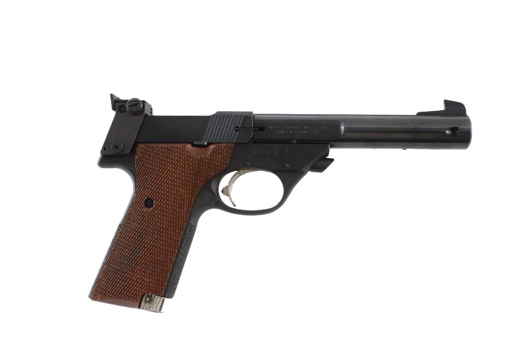 Black and wood-colored handgun with a long barrel, on a white background.