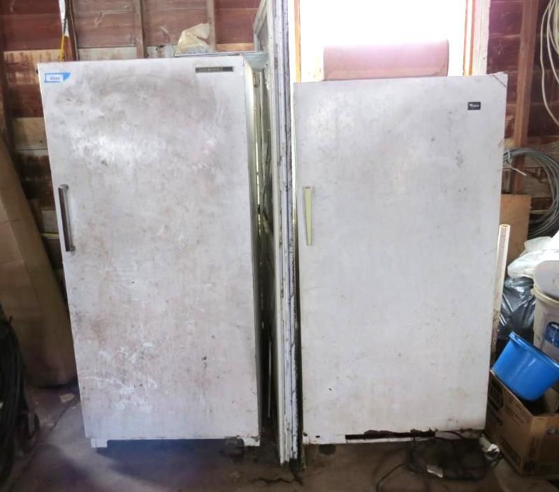 Two white upright freezers stand side by side.