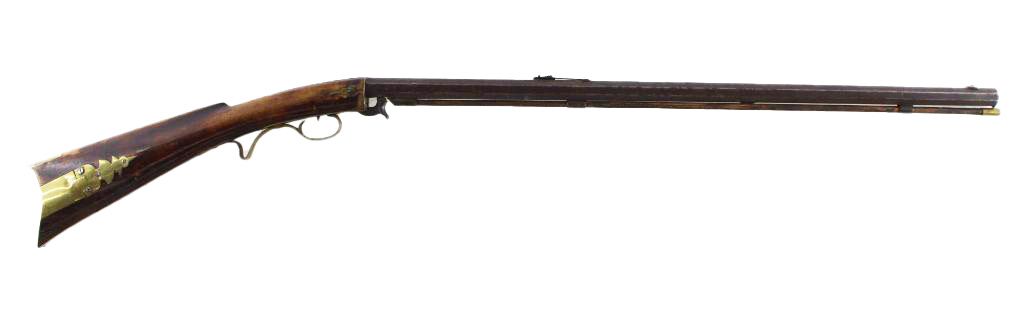 A long, antique rifle with a dark wooden stock and a long barrel against a white background.
