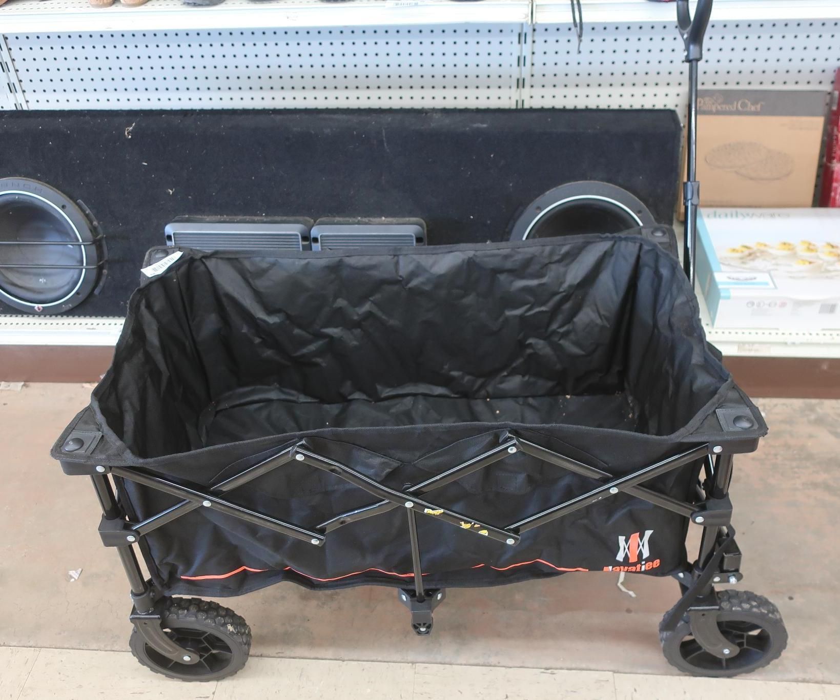 Black folding wagon with open interior, black frame, and black wheels.