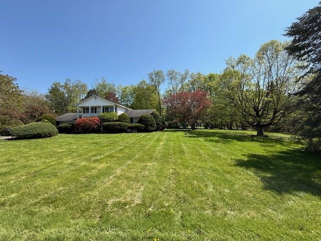 Lawn in front of a house, surrounded by trees. Blue sky overhead.