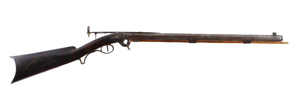 Long, antique rifle with wooden stock.