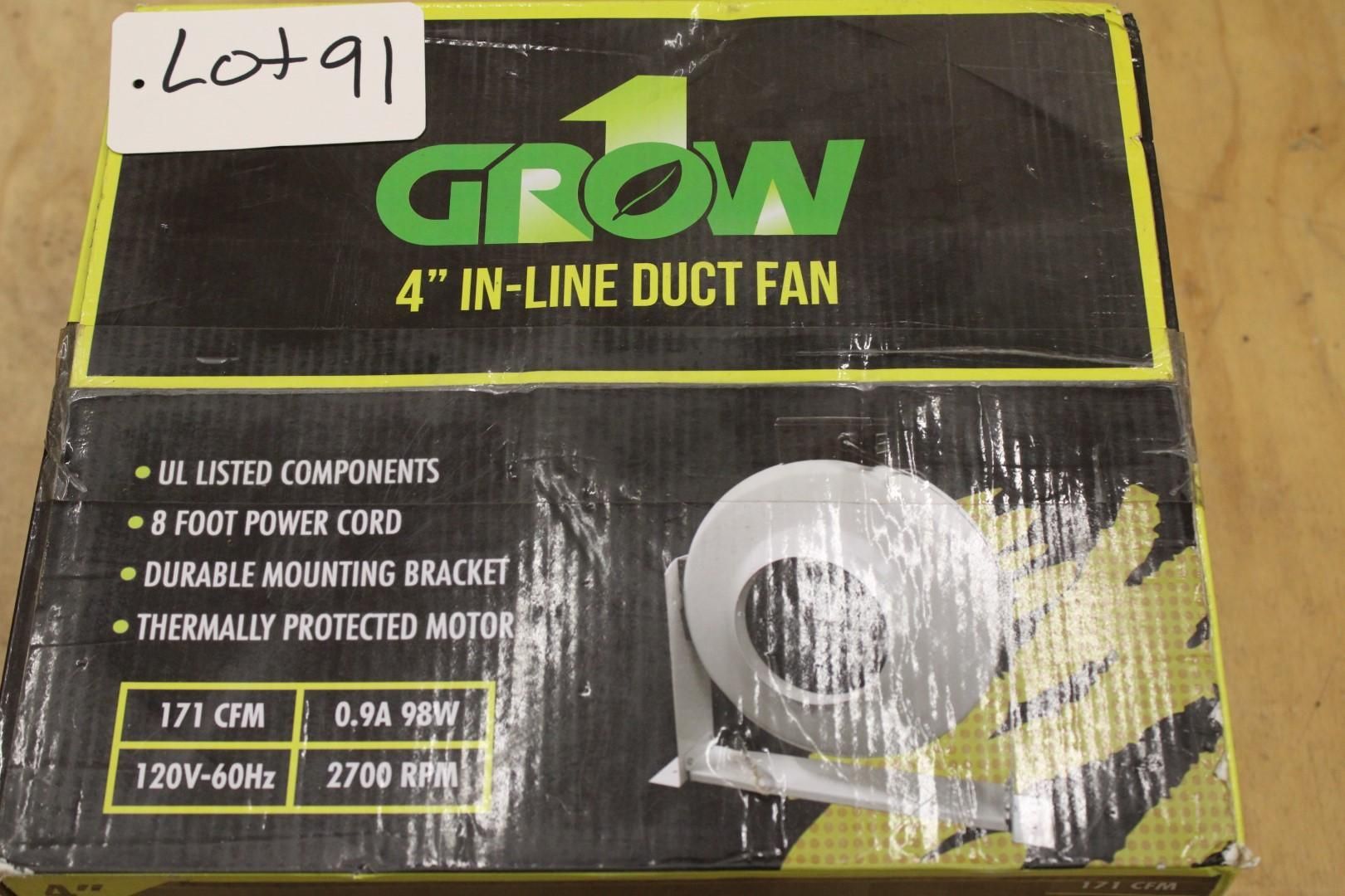 Boxed in-line duct fan with specifications. Black and green with a fan illustration.