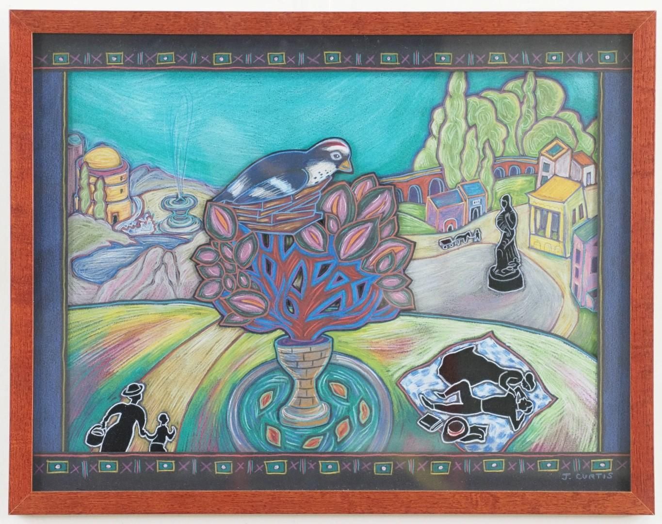 Colorful landscape with bird in a tree, fountain, and figures; a surreal scene.