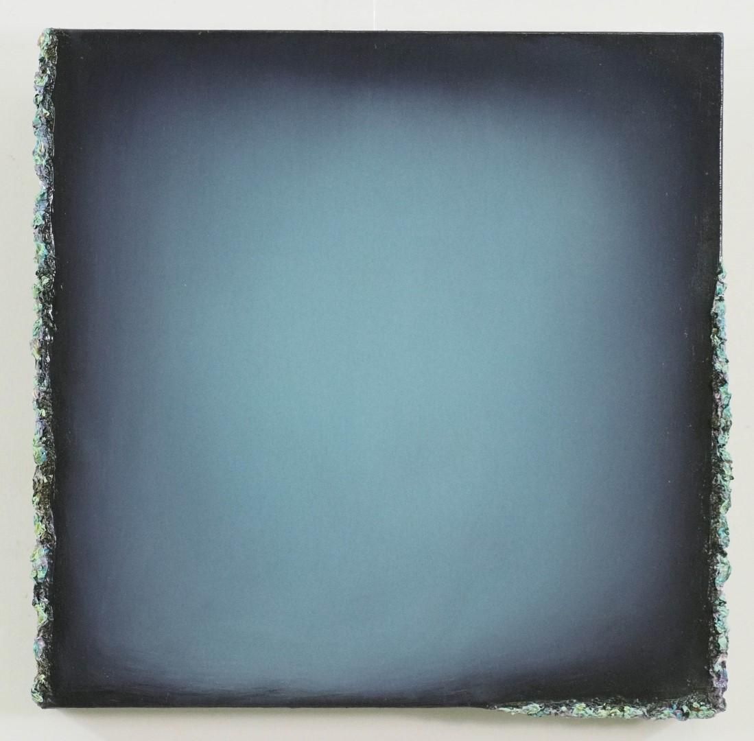 Square painting with a gradient center of blue, surrounded by a dark border and textured edge.