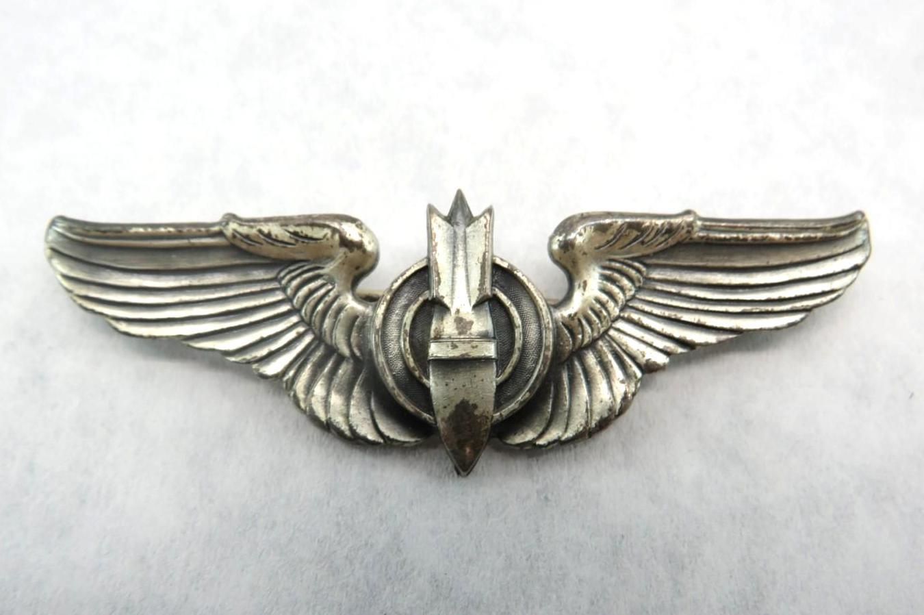Silver military pilot wings with central emblem and outstretched wings.