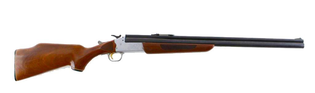 A brown and silver break-action shotgun against a white background.