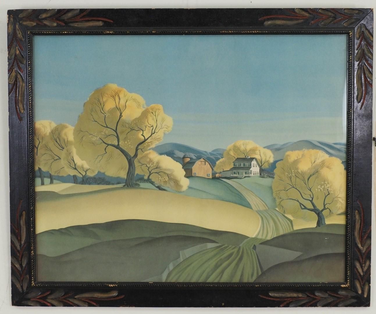 Landscape painting with yellow trees, fields, and a house under a blue sky. Framed.