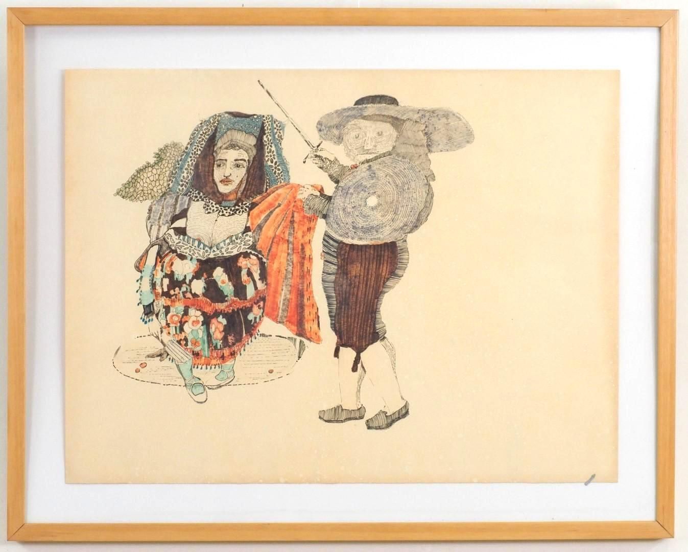 Drawing of two figures in a light-colored wood frame. One person wears a fancy dress, another holds a sword.