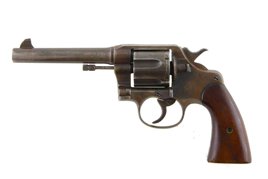 Colt revolver, brown metal and wood, barrel pointing left, against a white background.