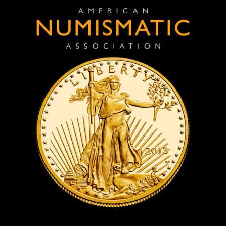 American Numismatic Association gold coin logo with Liberty and rays on a black background