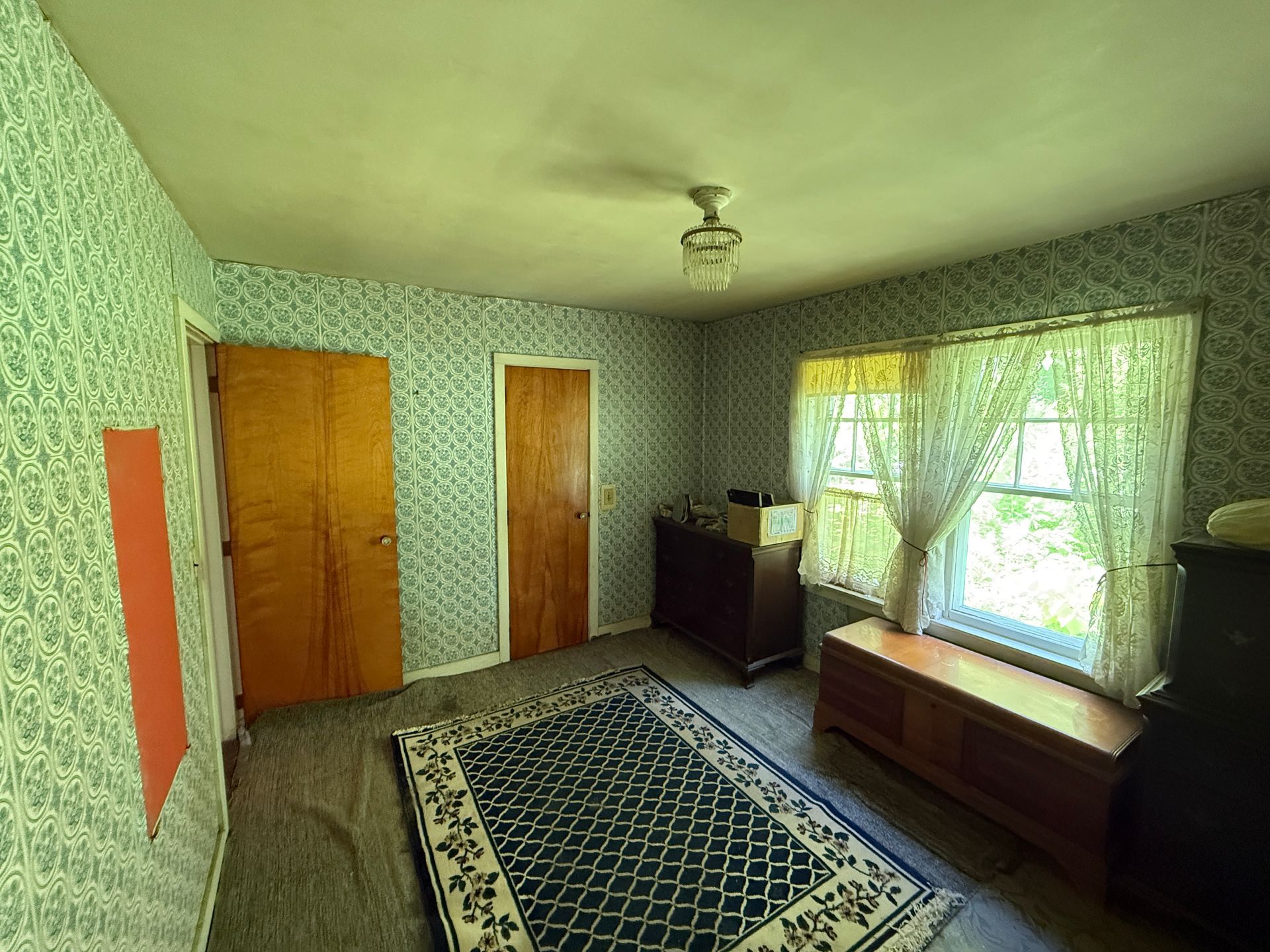 Empty living room with patterned rug, two wooden doors, and large window with sheer curtains