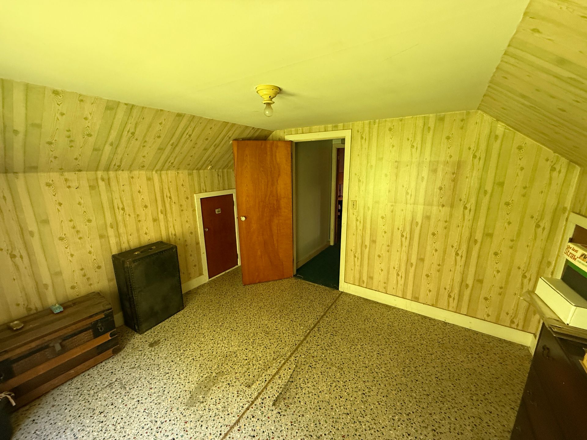 Empty attic room with slanted wood-paneled ceiling, patterned carpet, and an open wooden door.