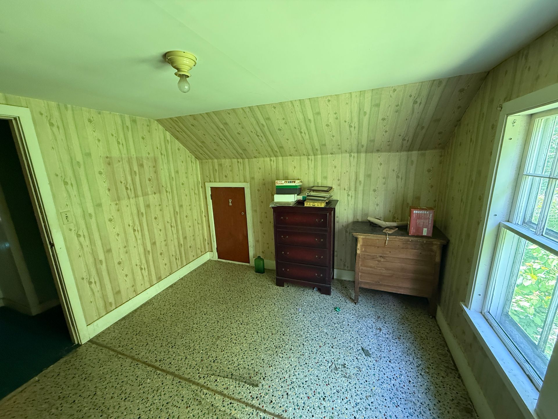 Empty room with speckled carpet, wood-paneled walls, dresser, and windows letting in daylight
