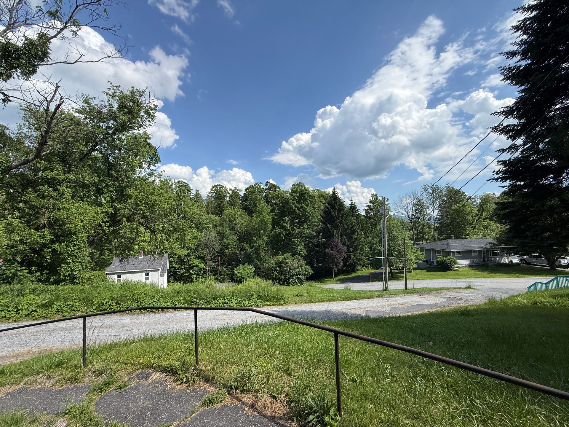 Gravel road by a grassy field and trees under a blue sky with large white clouds