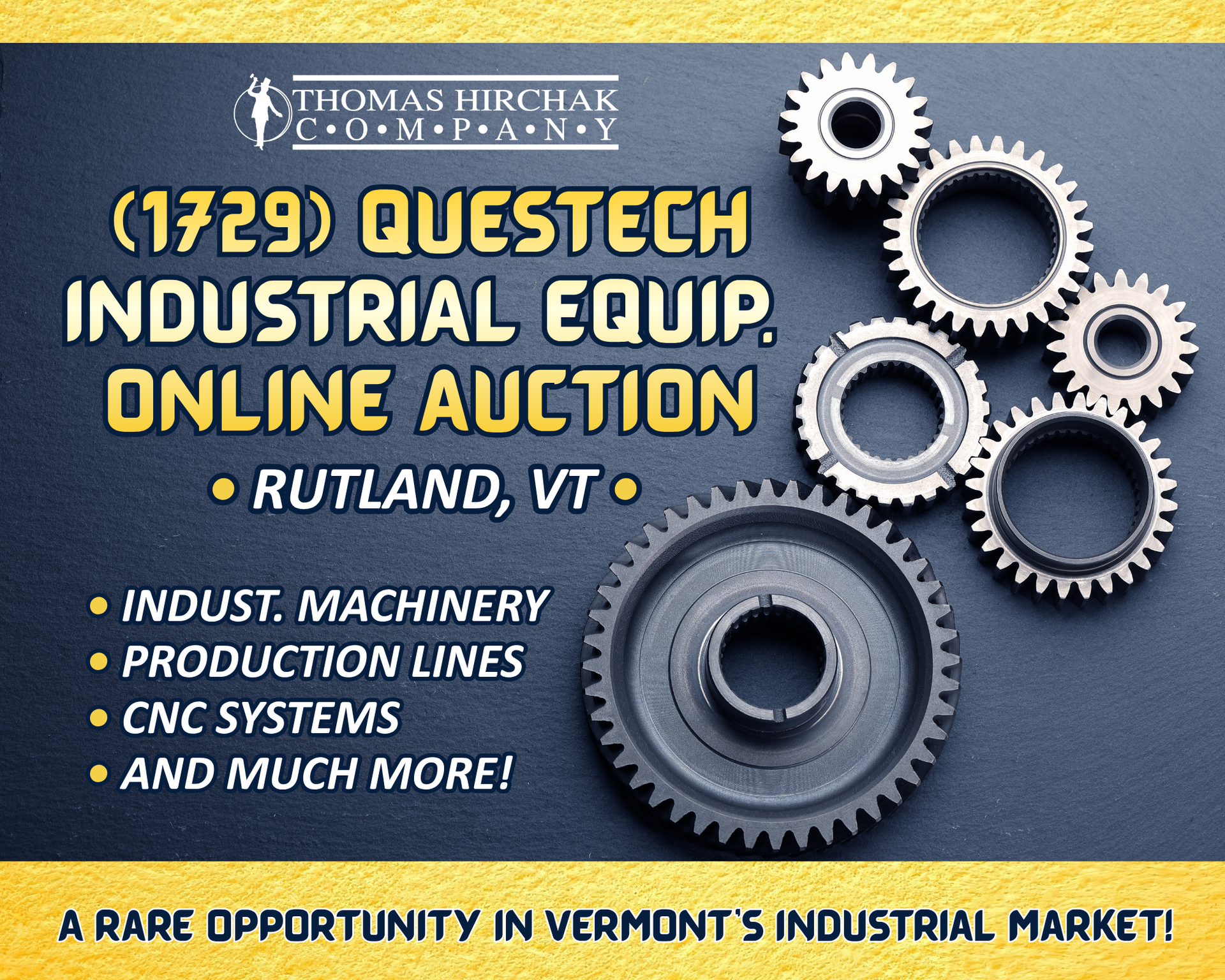 An online auction flyer for Questech industrial equipment in Rutland, VT, featuring a graphic of metal gears.