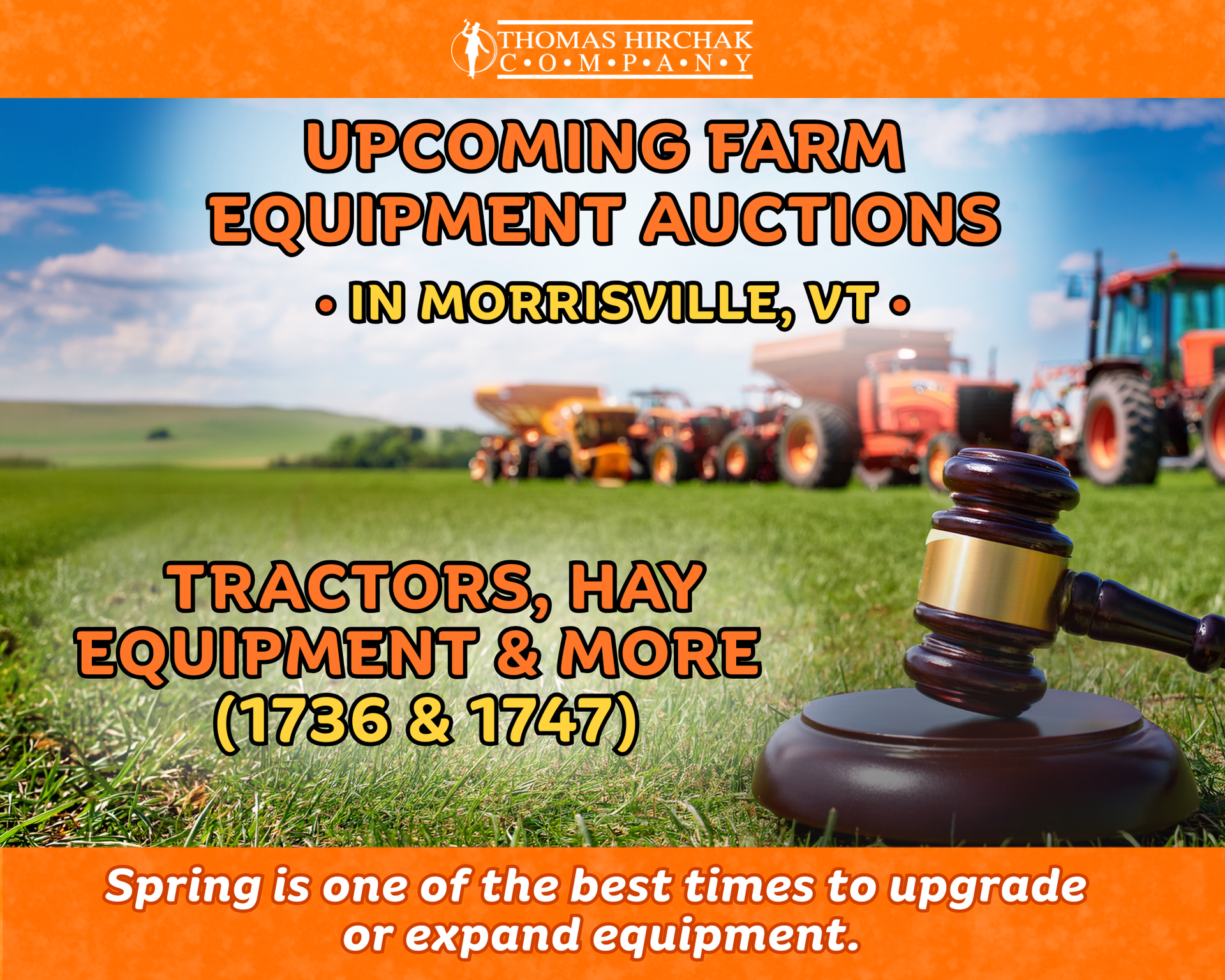 Upcoming farm equipment auctions in Morrisville, VT; tractors, hay equipment, and more with a gavel and fields.