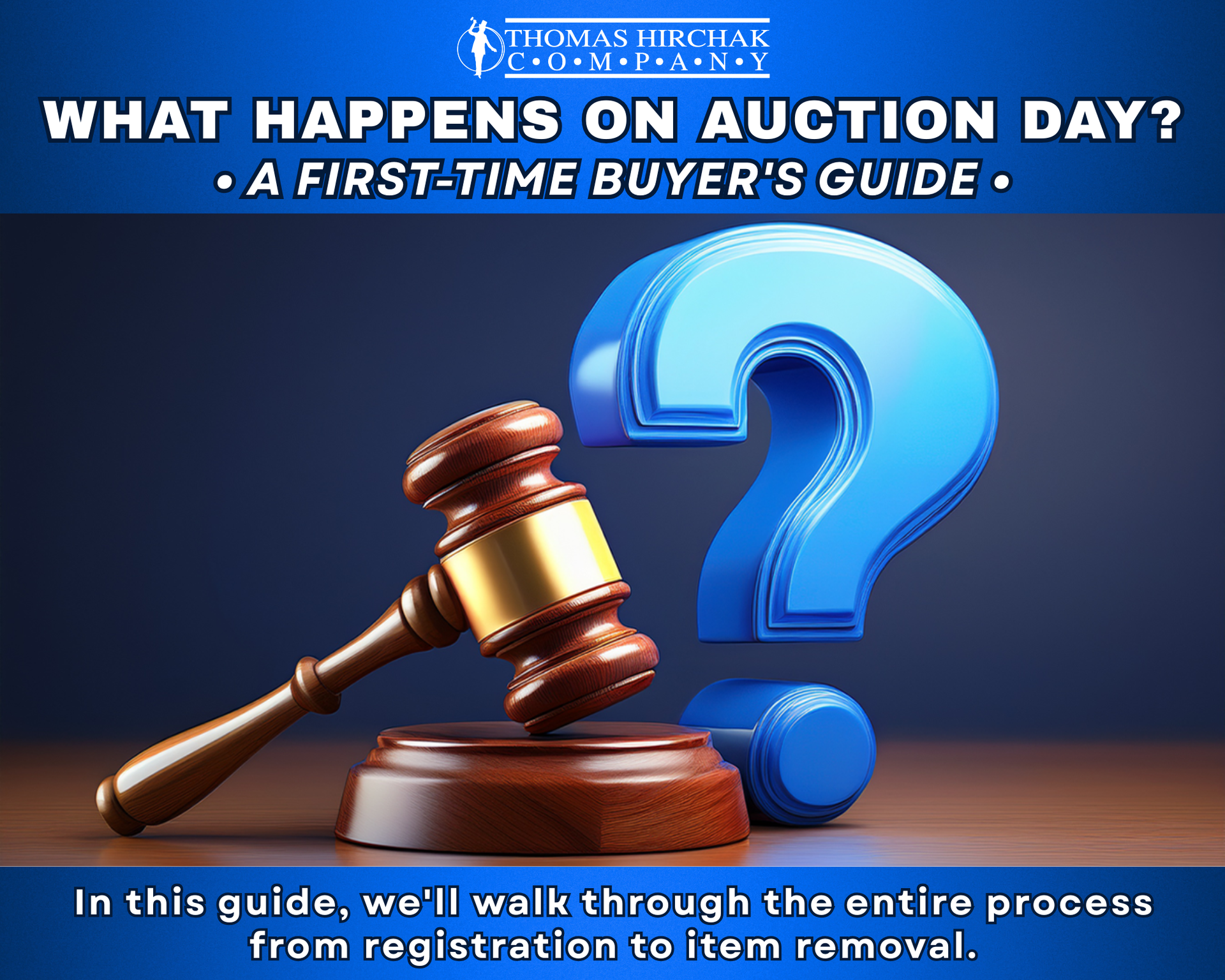 Auction guide graphic with a gavel and blue question mark, titled “What Happens on Auction Day?”