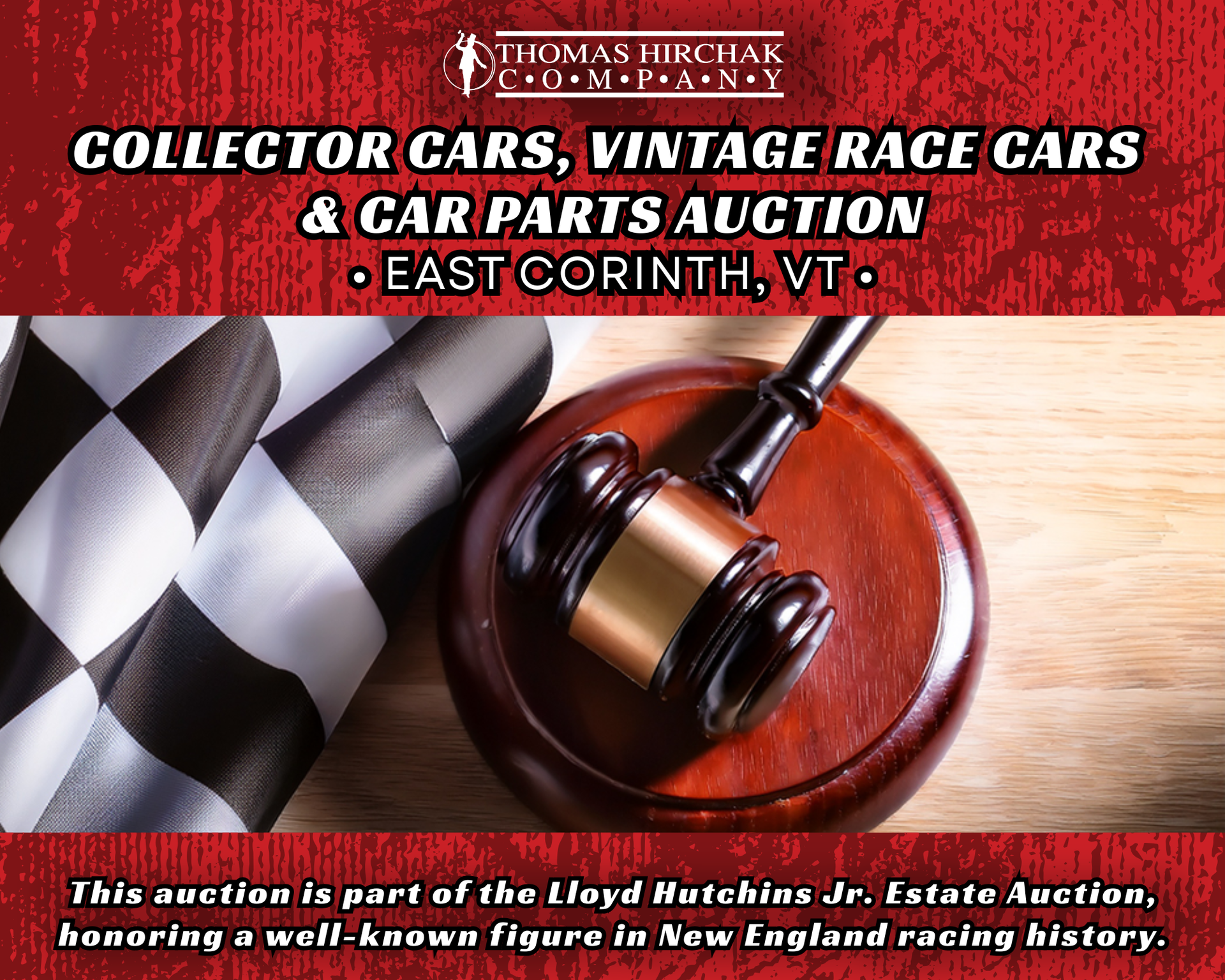 Collector cars, vintage race cars and car parts auction in East Corinth, VT, with gavel and checkered flag.