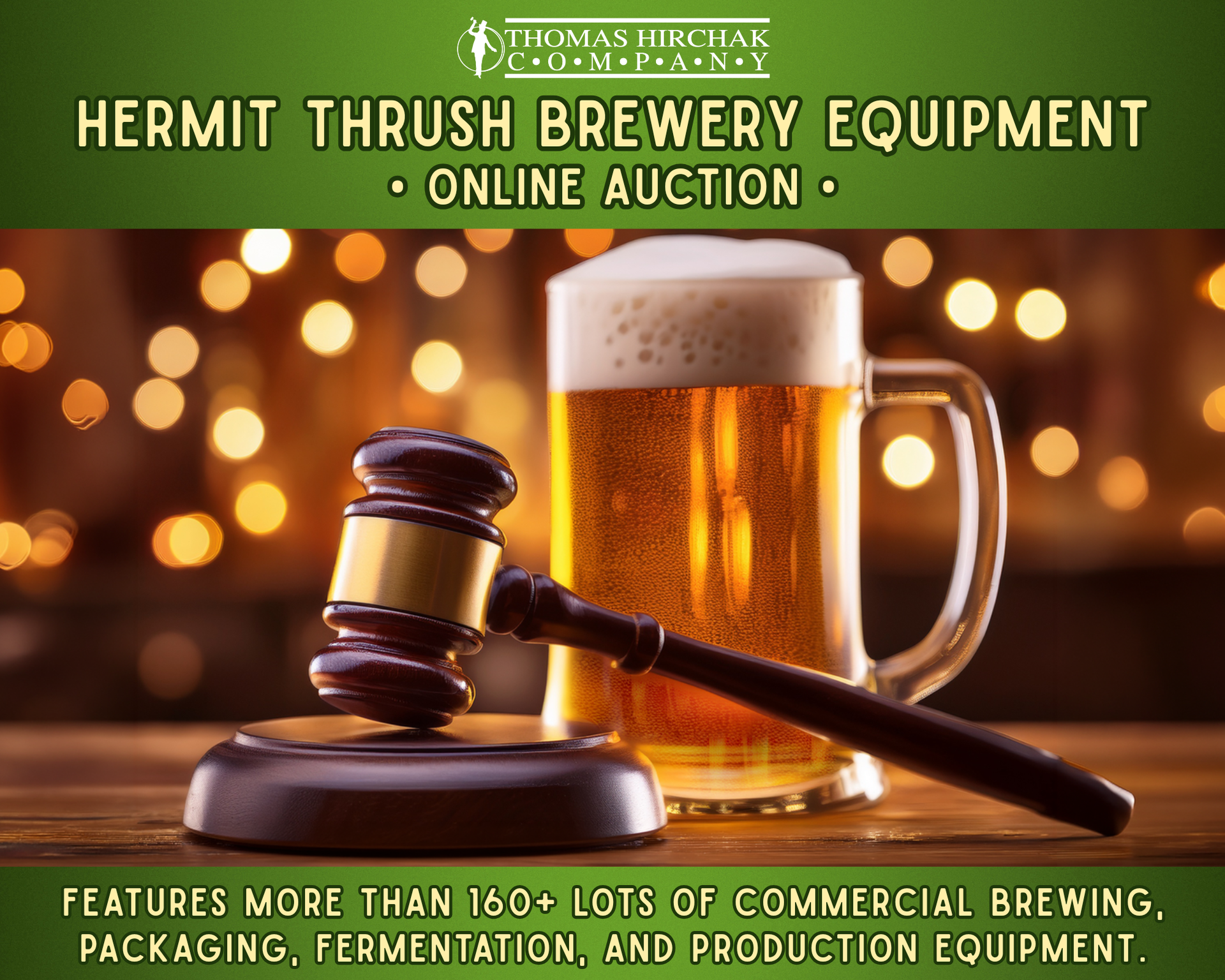 Auction gavel beside a beer mug with text for Hermit Thrush Brewery online auction