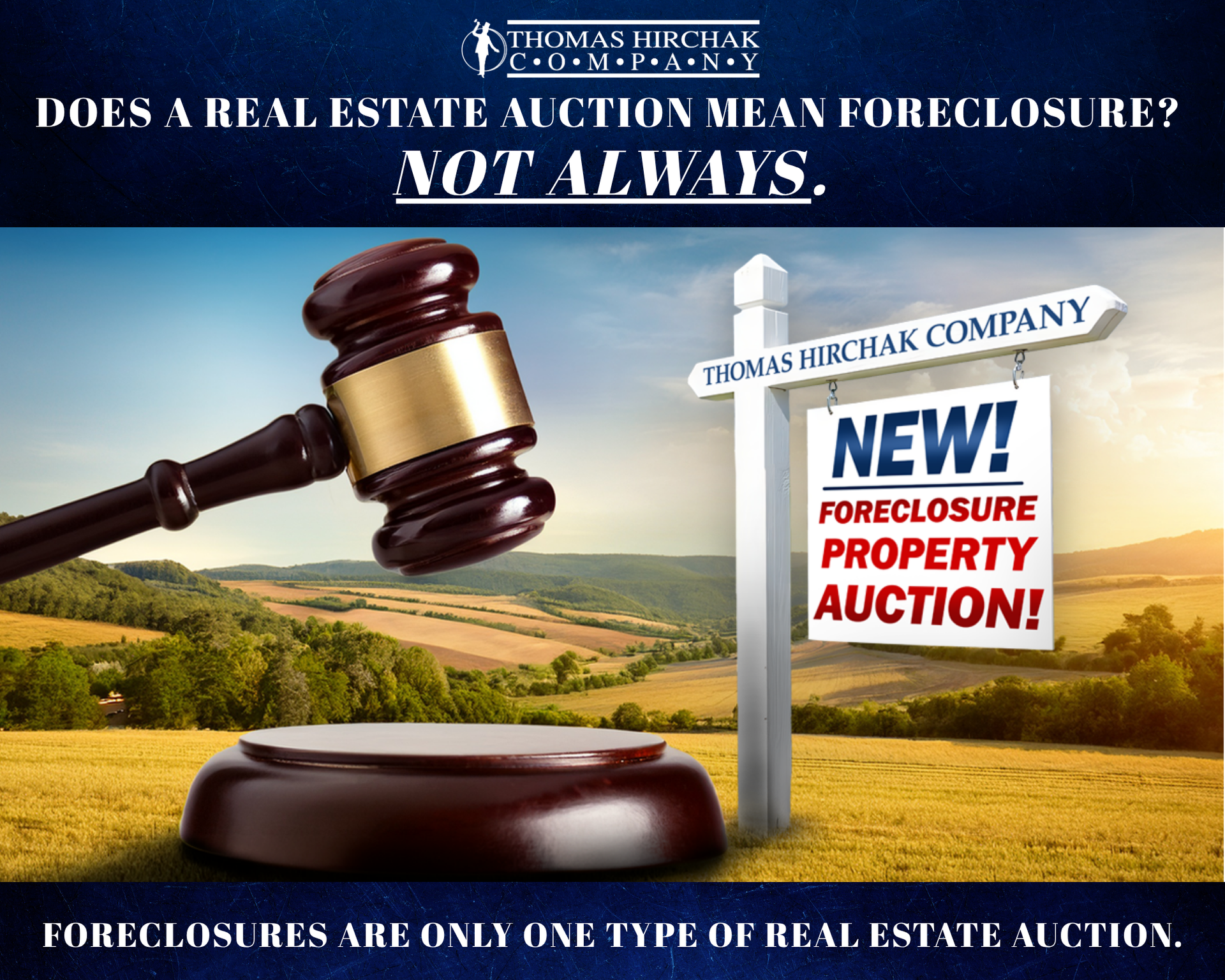 Gavel beside a roadside sign reading “New! Foreclosure Property Auction!” over farmland backdrop