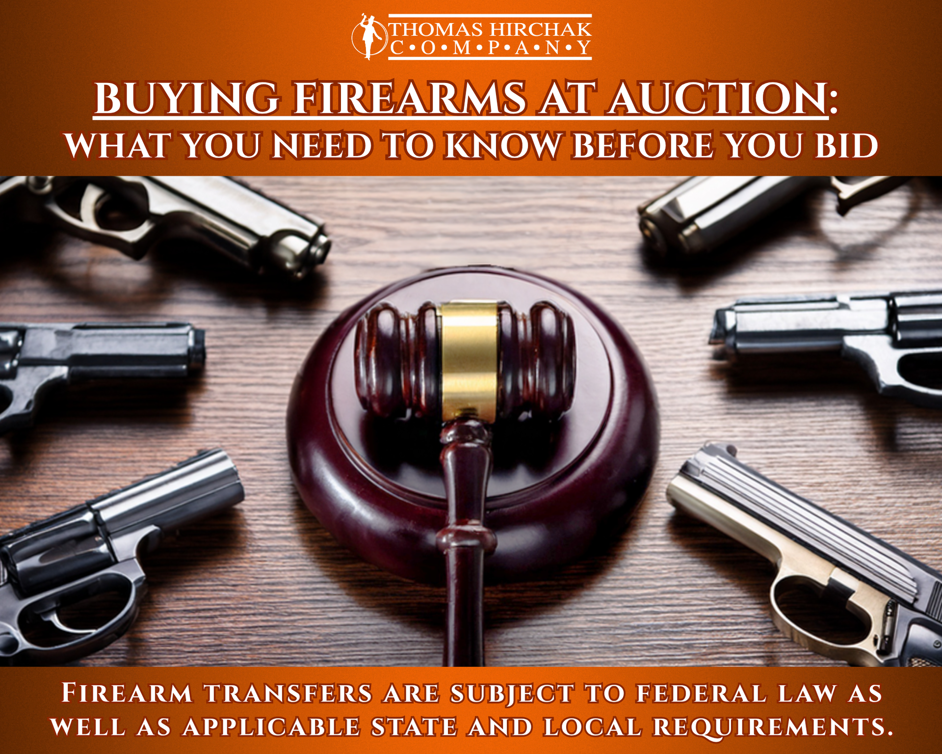 Firearms auction flyer with pistols around a gavel and text about buying before you bid