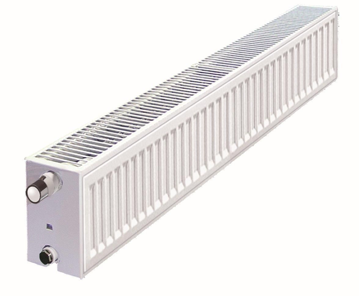 White rectangular radiator with vertical fins and side valve controls.