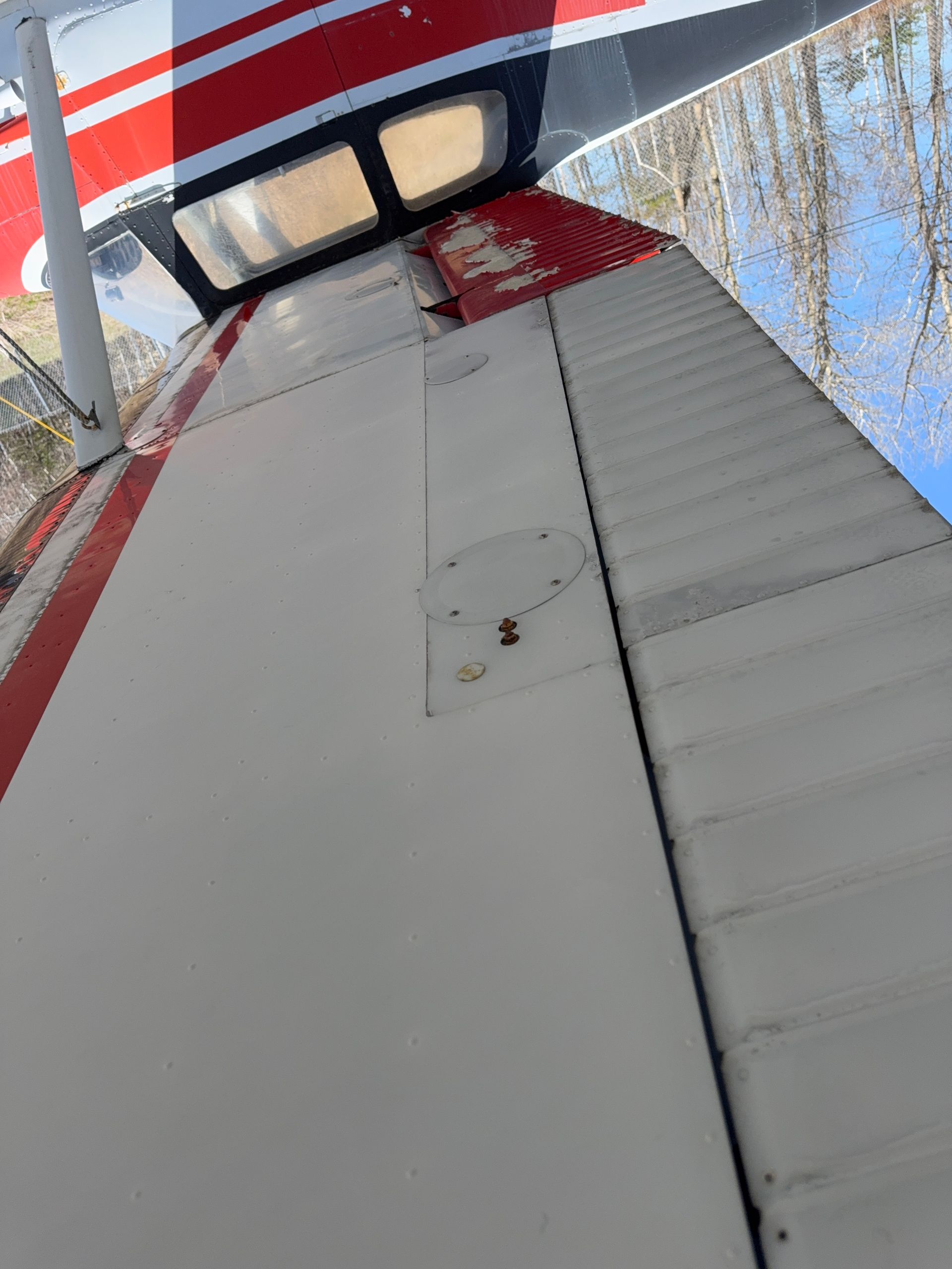 Looking up a white aircraft wing and red wing strut against a blue sky with bare trees