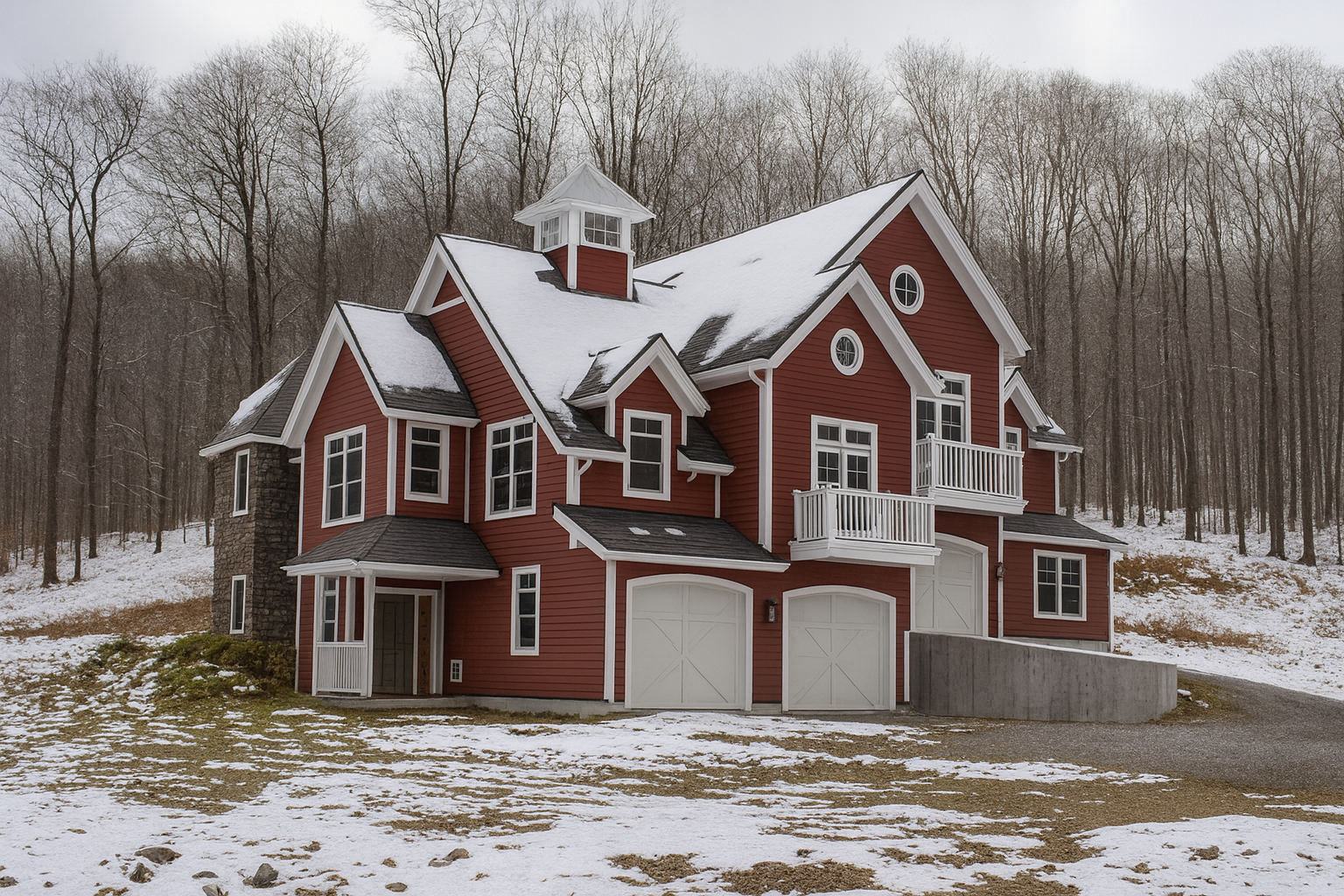 Red wooden barn-style house with white trim, snow-covered roof, and two garage doors, set in a snowy forest.