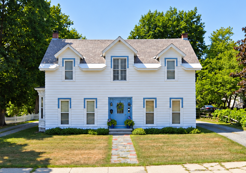 White two-story house with blue shutters and door, front lawn, and stone walkway under sunny skies