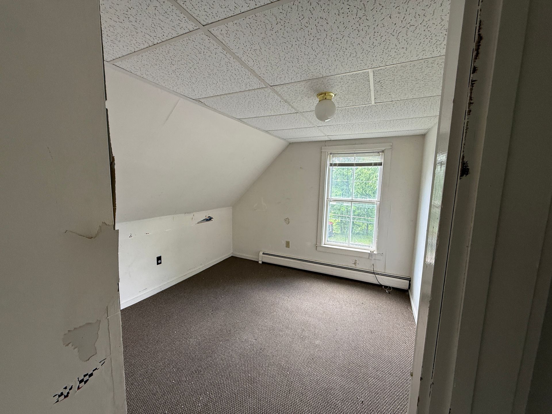 Empty carpeted room with slanted ceiling, white walls, and a window letting in daylight
