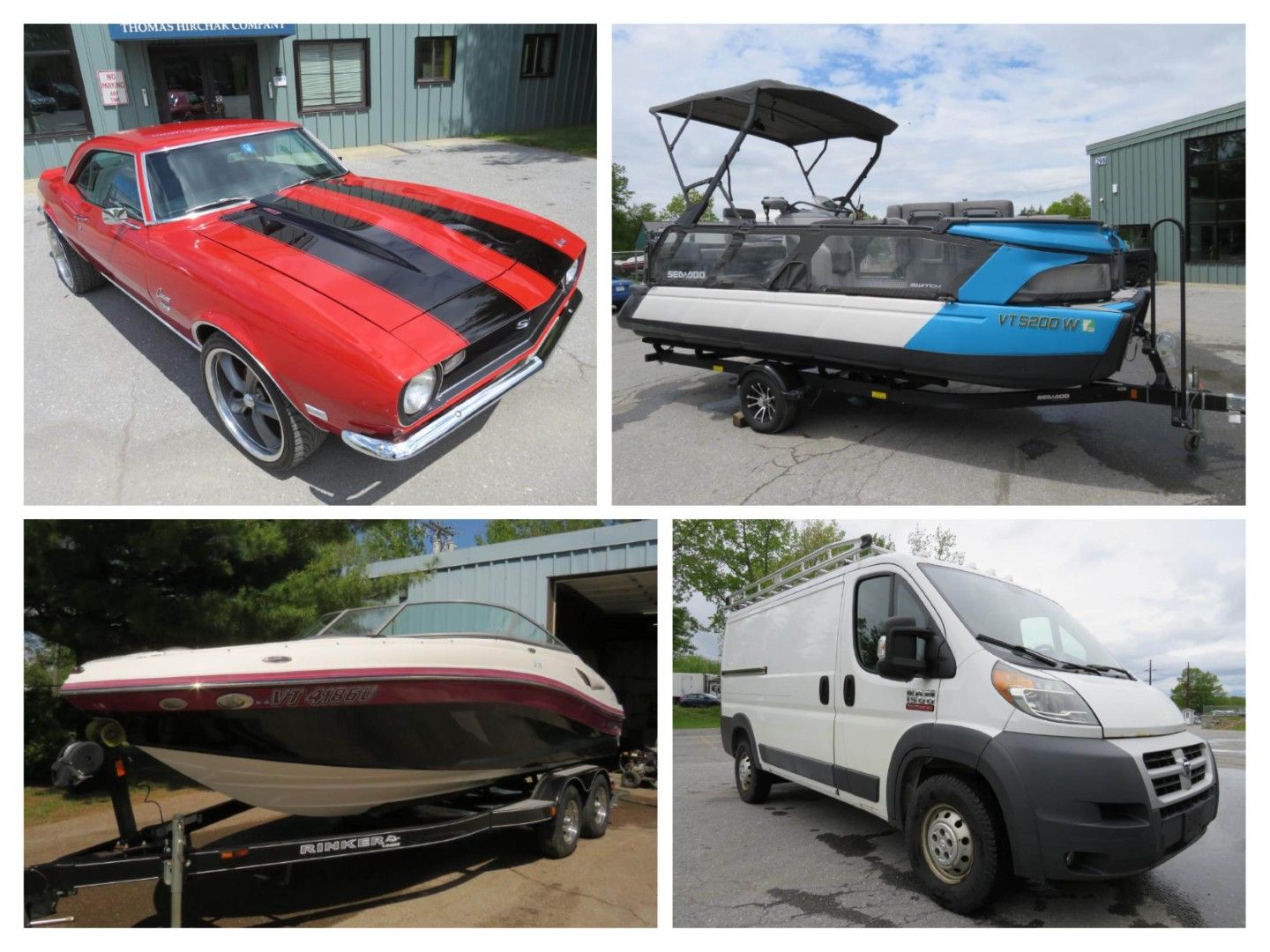 Four vehicles: red car with black stripes, pontoon boat, speed boat, and a white van.