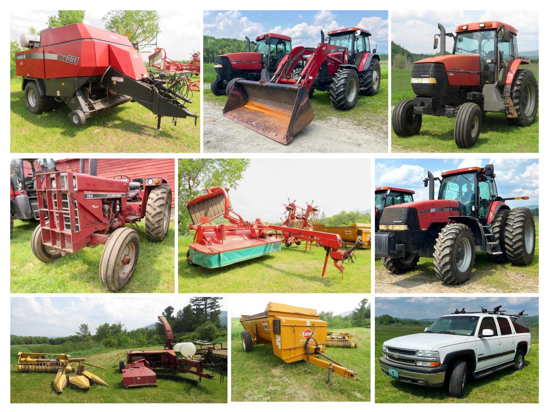 Agricultural equipment, including tractors, baler, and trailer, arranged outdoors on a sunny day.