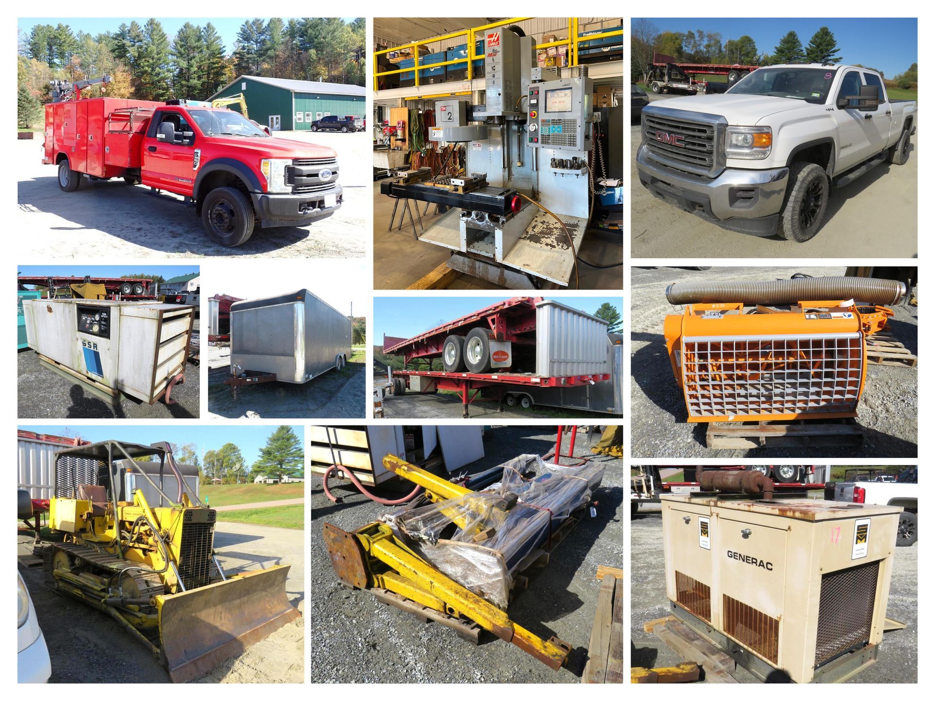 Collection of work trucks, machinery, and equipment.