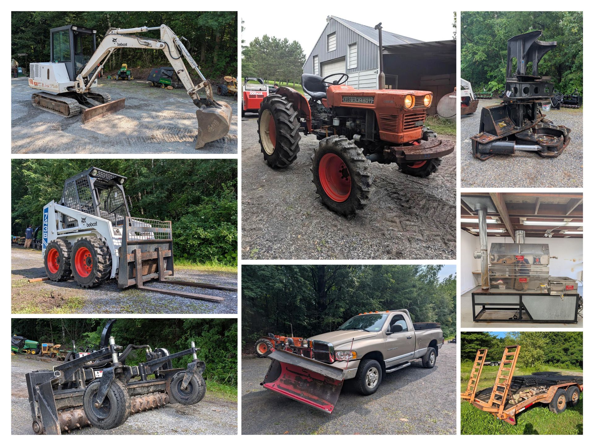 Collage of industrial machines, equipment, and shelving in a workshop or storage space