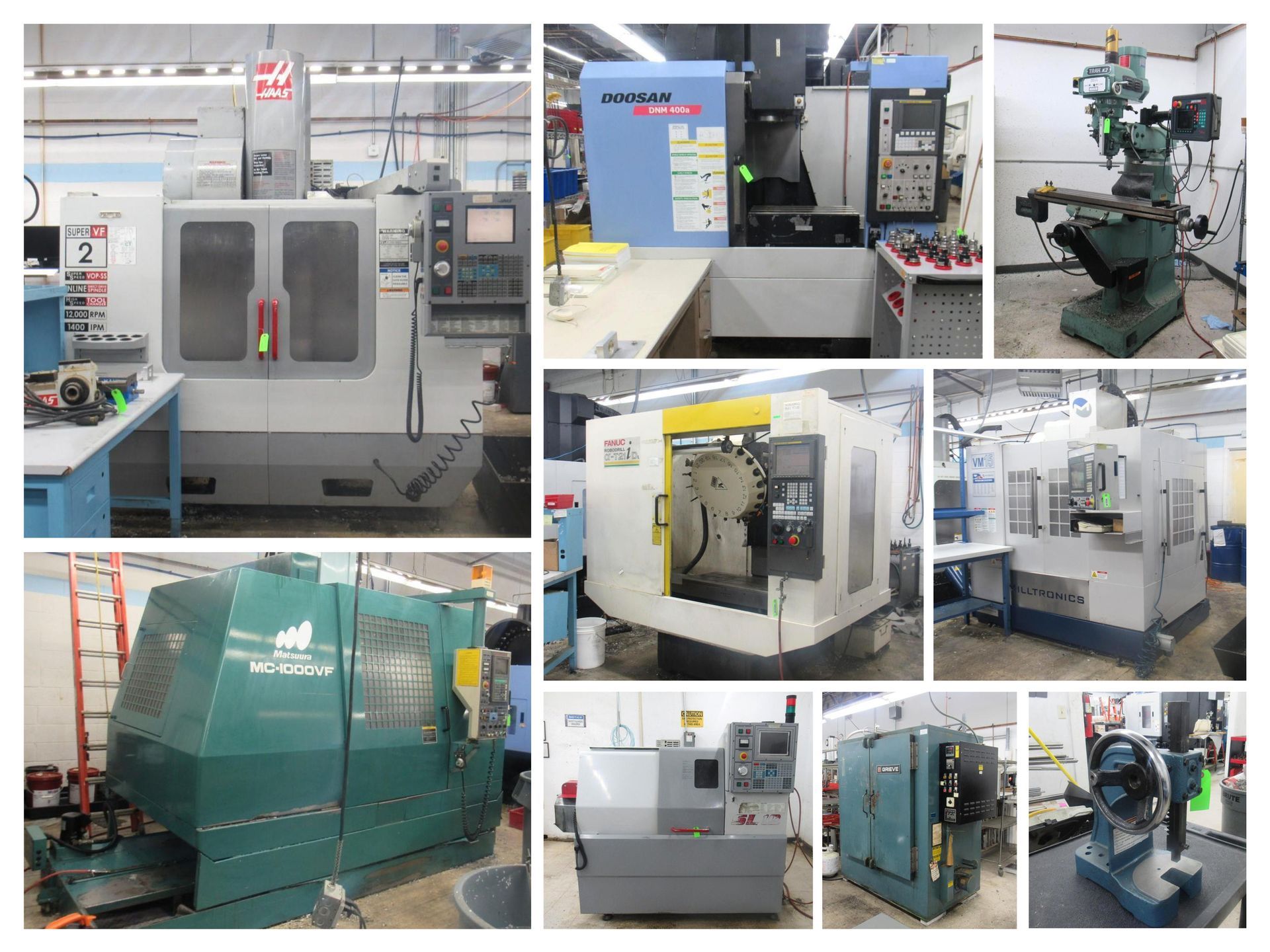 Several industrial machines in a workshop, including CNC mills and lathes.