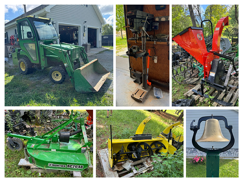 Collage of green tractor, workshop equipment, mower deck, and stacked washer and dryer