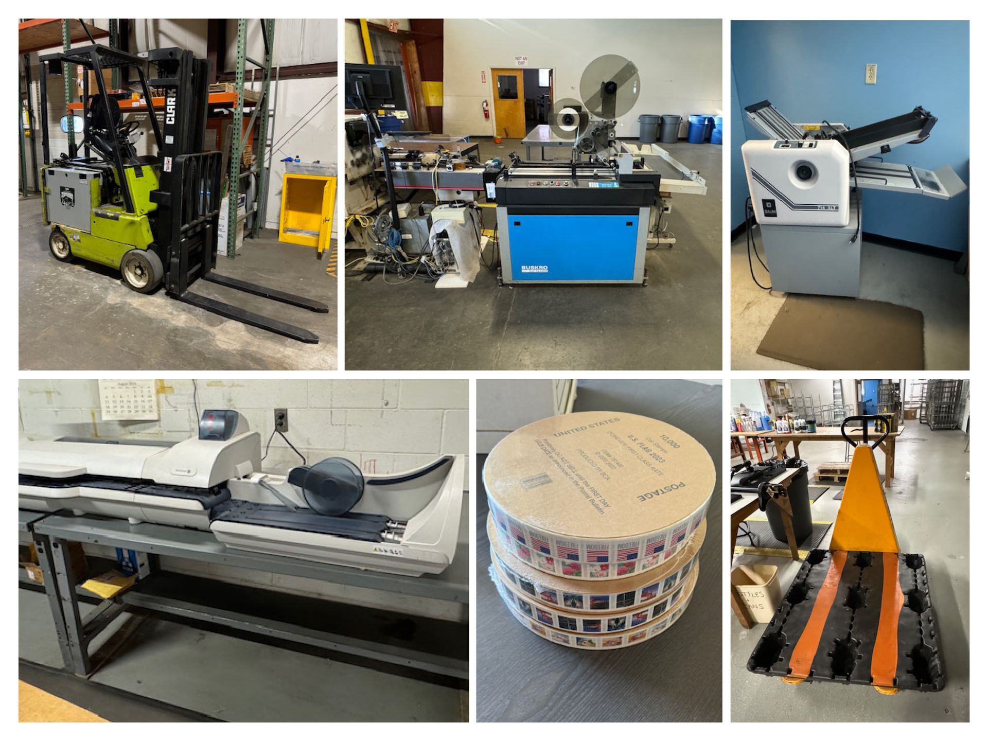 Collection of industrial equipment, including a forklift, folder, and pallet jack.