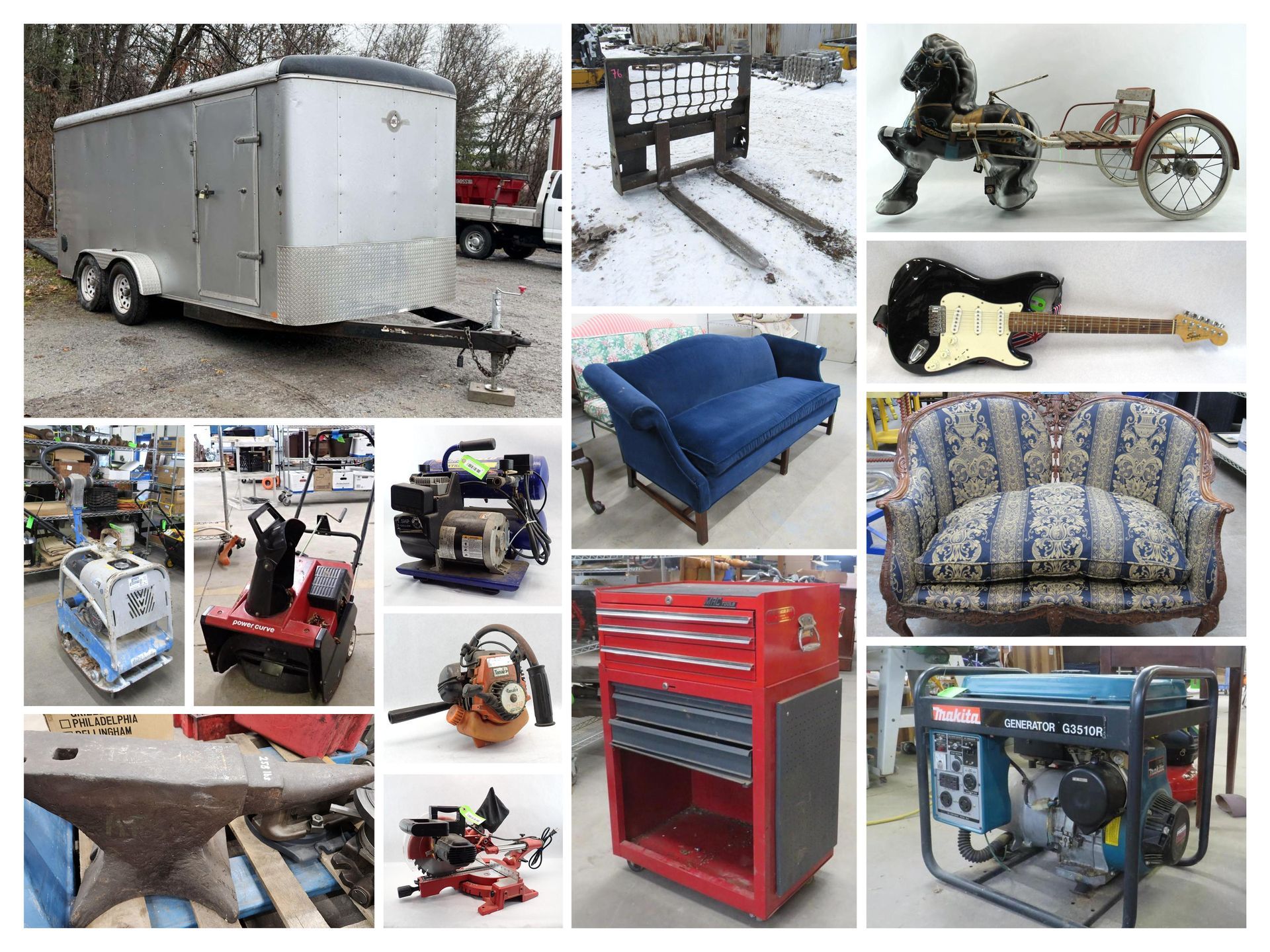 Collection of assorted items, including a trailer, tools, furniture, and a generator.