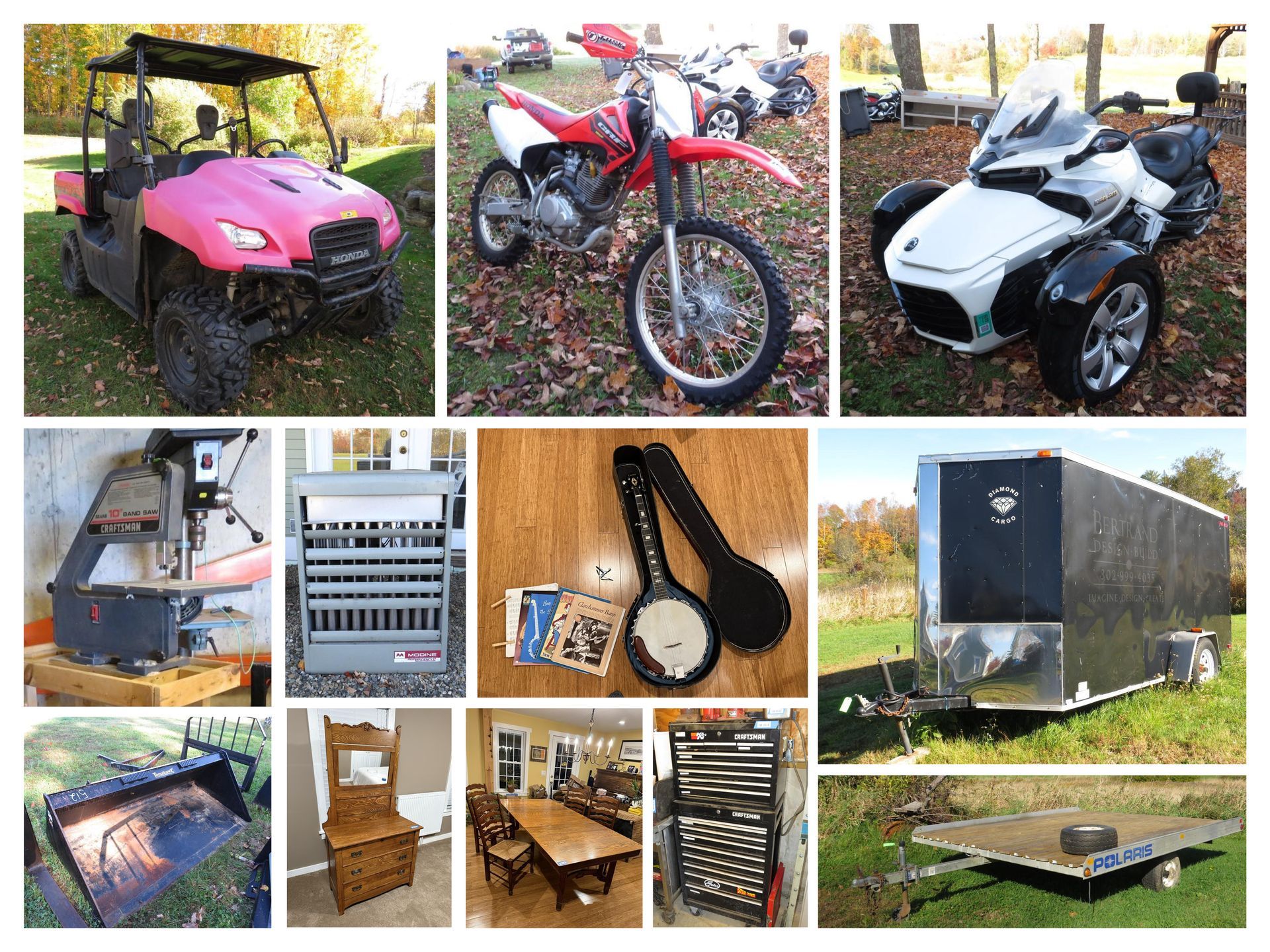 Collection of various items: UTV, dirt bike, trike, machinery, musical instruments, trailer, and furniture.