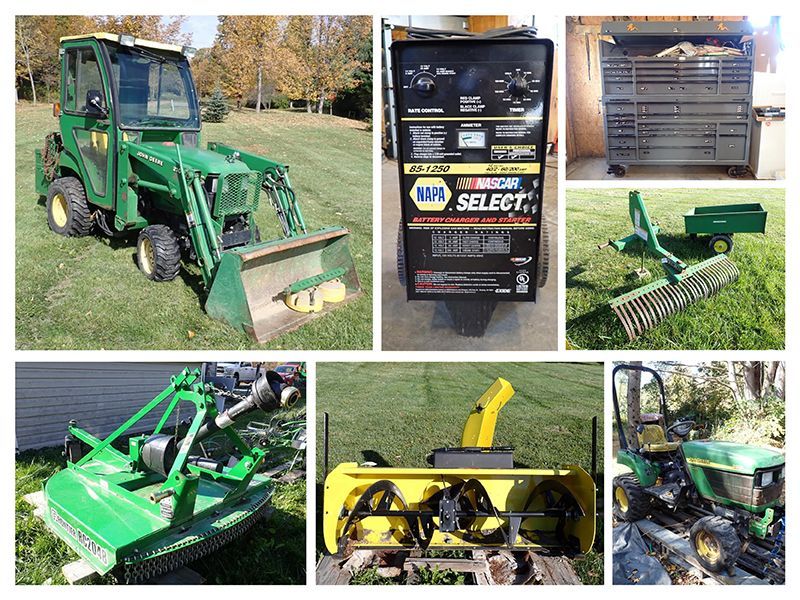 Collage of green tractor, workshop equipment, mower deck, and stacked washer and dryer