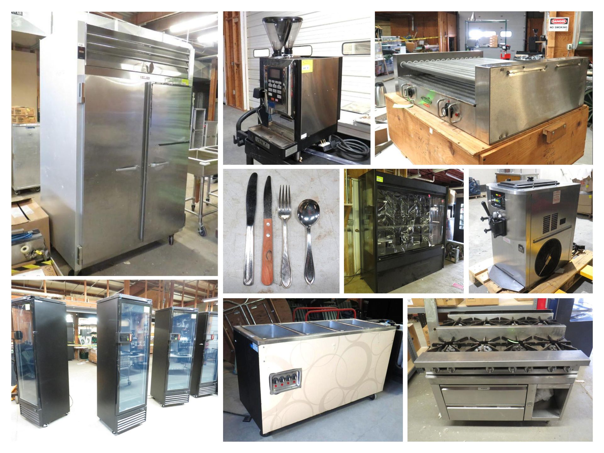 Commercial kitchen equipment: refrigerators, espresso machine, silverware, oven, coolers.