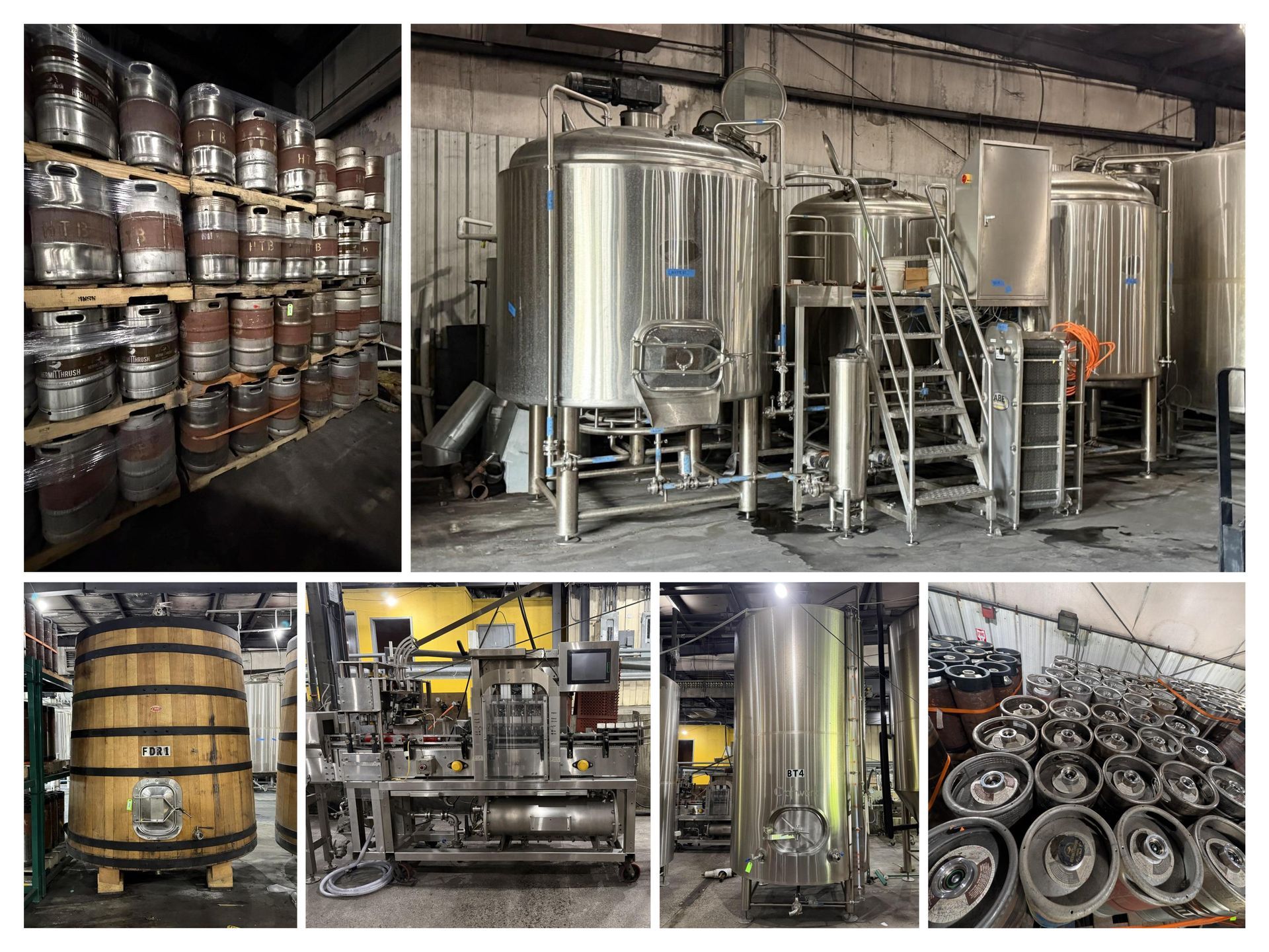 Collage of industrial machines, equipment, and shelving in a workshop or storage space