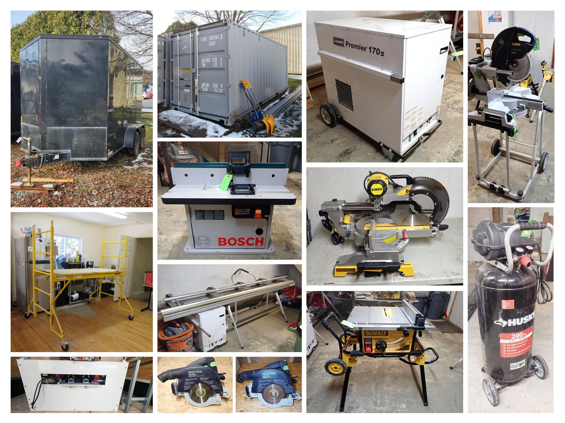 Collection of tools: trailer, storage container, air filter, saws, scaffolding, router, and compressor.